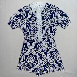 Loness Womens Navy Blue & White Floral Shorts Romper X-S